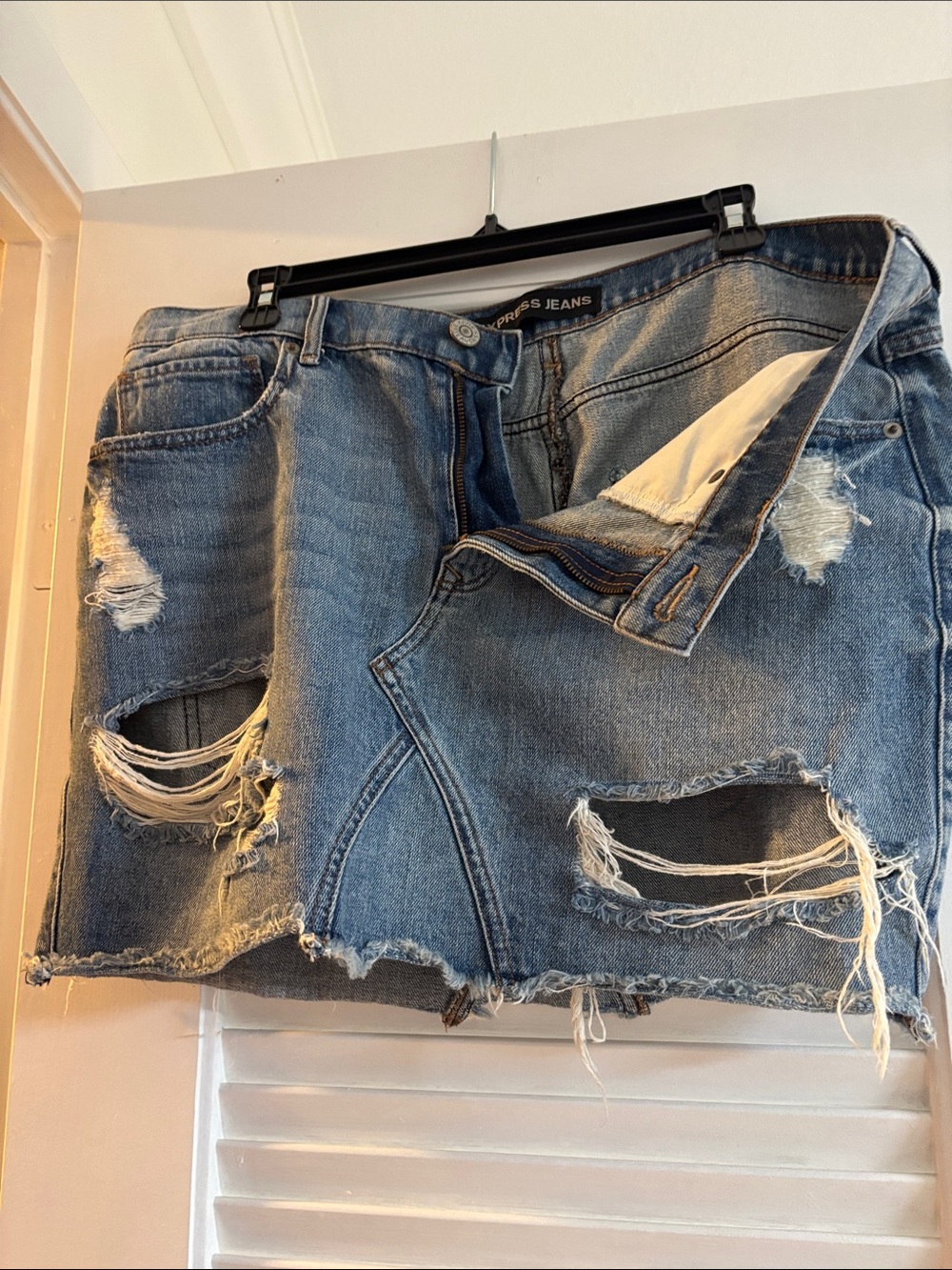 Express Distressed Light Blue Denim Mini Skirt